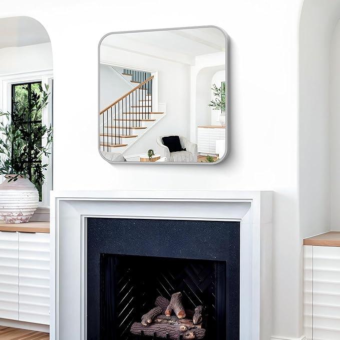 CIVENO Silver Bathroom Mirror, 30 x 30 Inch Silver Square Mirror, Metal Framed Rectangular Vanity Mirror, Rounded Corner Wall Mounted Mirror for Living Room Bedroom Entryway Hangs Horizontal/Vertical - ModernBath