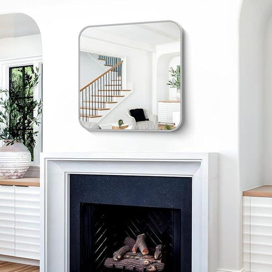 CIVENO Silver Bathroom Mirror, 30 x 30 Inch Silver Square Mirror, Metal Framed Rectangular Vanity Mirror, Rounded Corner Wall Mounted Mirror for Living Room Bedroom Entryway Hangs Horizontal/Vertical - ModernBath