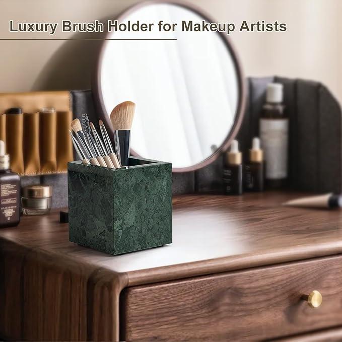 Real Natural Marble Toothbrush Holder & Pen Holder & Makeup Brush Holder, Genuine Stone Rectangular Bathroom Tumbler Cup, Durable Office & Home Countertop Organizer - ModernBath