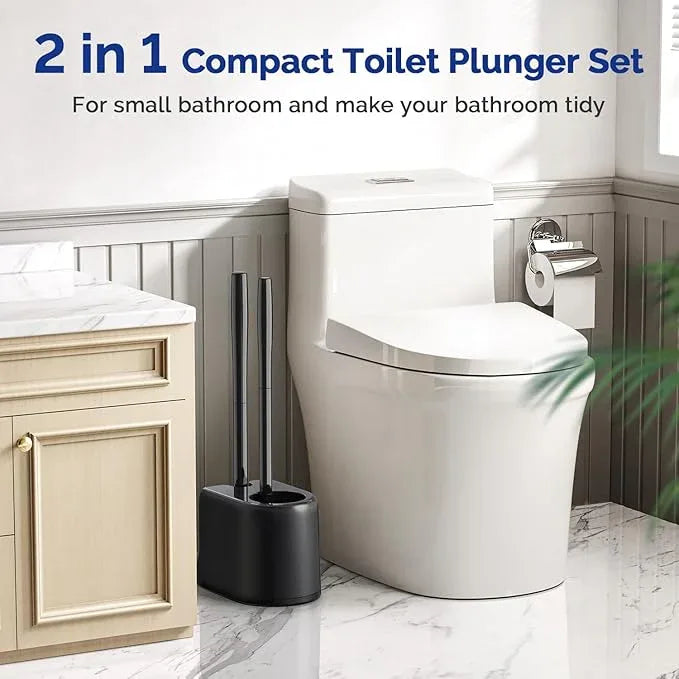 HAMITOR Toilet Plunger Bowl Brush Combo：Heavy Duty Rubber for Drain Clog Remover - Curved Design Bristles for Deep Cleaning Under Rim - Compact Bathroom Cleaning Tools for New Homet Essentials - Black - ModernBath