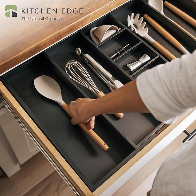 KitchenEdge Adjustable Kitchen Drawer Organizer for Utensils and Junk, Food-Safe Contract Grade with 100% Sustainable Wood, Expandable from 19 to 33 Inches Wide - Black Bamboo - ModernBath