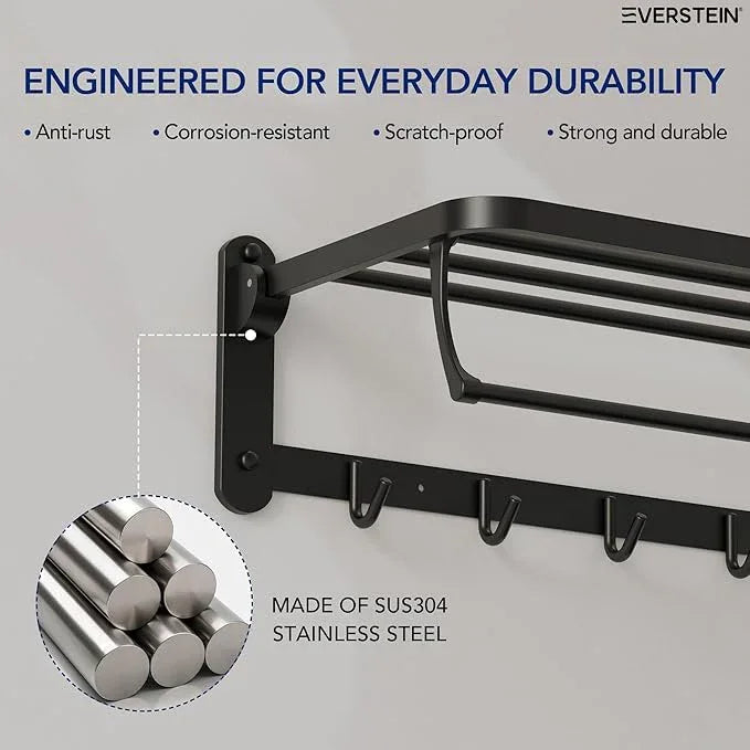 Bathroom Towel Rack with Storage Shelf and 5 Hooks, 23.6 in Foldable Towel Shelf Bar, Wall Mounted Lavatory Organizer，Matte Black - ModernBath