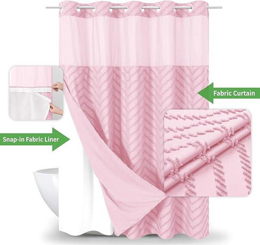 eachope No Hook Boho Farmhouse Shower Curtain with Snap-in Fabric Liner set-71Wx74H(72H),Pink Tufted Chevron Striped Hotel Grade Cloth Shower Curtains for Bathroom with Window,Water Repellent - ModernBath