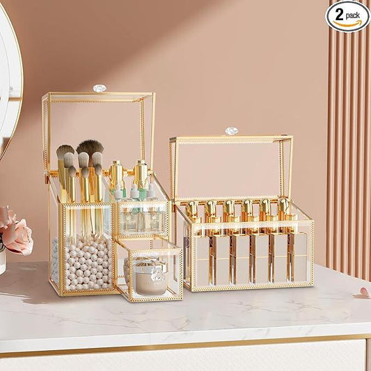 CoralHouse Glass Makeup Organizer Set – Vanity Organizer with 18-Slot Lipstick Organizer & Makeup Brush Holder with Lid – Skincare, Perfume & Cosmetic Storage for Bathroom or Dresser - ModernBath