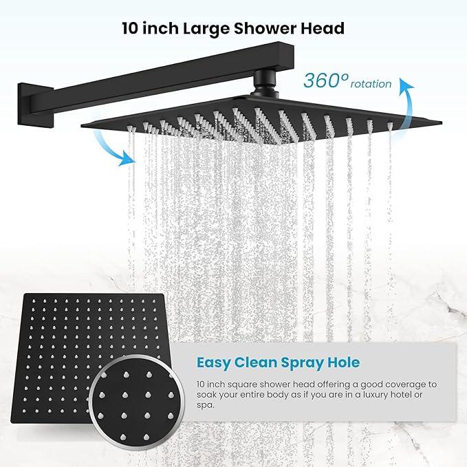 gotonovo Rainfall Shower Faucet Set System Shower Trim Kit with 10 Inch Rain Shower Head Bathroom Mixer Shower Complete Combo Single Handle Wall Mounted Female Thread Rough-in Valve Matte Black - ModernBath
