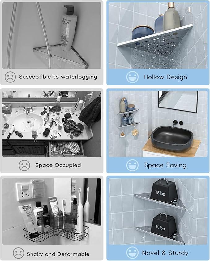 DAYONE 2 Pack Corner Shower Shelves 10", Chrome 304 Stainless Steel Recessed Bathroom Shelf with Razor Holding Hole and 2 Hools, for Tiled Wall No Drilling Needed - ModernBath