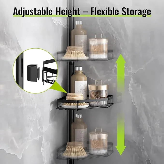 LAMU Shower Caddy Tension Pole with Adjustable Height, 4 Tier Baskets & Hooks, Corner Shower Caddy Tension Pole for Bathroom or Bathtub Corner Storage, Black - ModernBath
