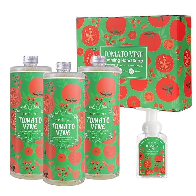ROMIIE ZOI Foaming Hand Soap Refill Gift Set – Tomato Vine Scent – 3 Pack (33.8 Fl Oz Each) with Refillable Dispenser, Chemical-Free & Moisturizing Formula – Bulk Refills Setfor Bathroom & Kitchen - ModernBath