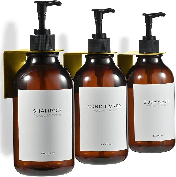 MaisoNovo Shampoo and Conditioner Dispenser - Shower Soap Dispenser Wall Mounted - 16.9 fl oz Set of 3 Amber Plastic Bottles Black Pump - 3 Chamber No Drill - ModernBath