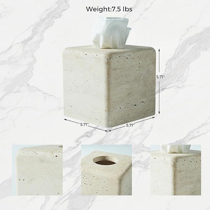 Travertine Tissue Box Cover, Heavy Duty Nature Stone Tissue Box Holder, Decorative Luxurious Travertine Square Toilet Tissue Box for Bathroom, Bedroom, Living Room, Office - ModernBath
