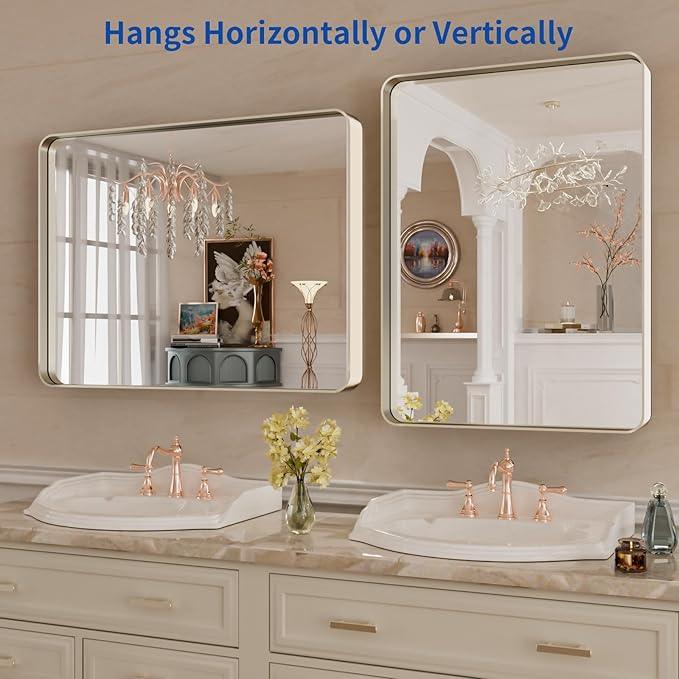 WEER 22X30 Inch Brushed Nickel Bathroom Mirror, Brushed Silver Metal Frame Mirror, Rounded Rectangle Silver Bathroom Vanity Mirror, Tempered Glass, Anti-Rust, Hangs Horizontally or Vertically - ModernBath