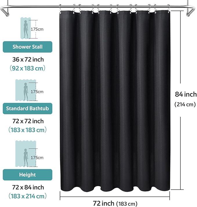 Vipfree 3 in 1 Shower Curtain Set, Waffle Shower Curtain and Liner Set with 12 Double Sided Shower Curtain Hooks, 258GSM Luxury Weighted Cloth Shower Curtains for Bathroom, 72 W x 84 H, Black - ModernBath