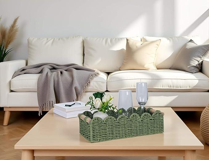 CubesLand Toilet Paper Storage Basket Scalloped Edge Home Decor Green Basket, Living Room Cozy Decor, Paper Rope Small Baskets for Over Toilet Storage Shelf, End Table, Shelves, with 2 Wooden Handles - ModernBath