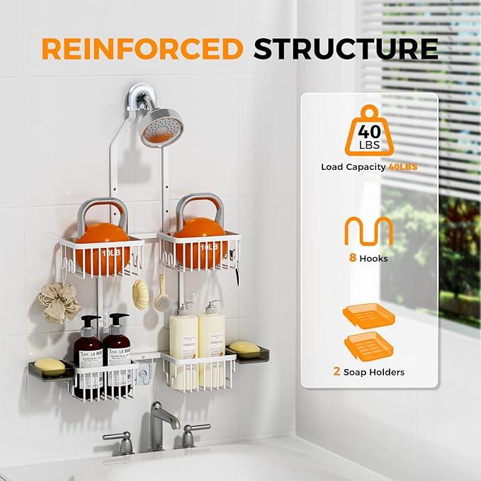 REINHARDT Aluminum Shower Caddy Hanging Adjustable Shower Caddy, Rustproof Hanging Shower Organizer with Hooks Soap Holders, Over Shower Head Caddy for Handheld Showerhead, White - ModernBath