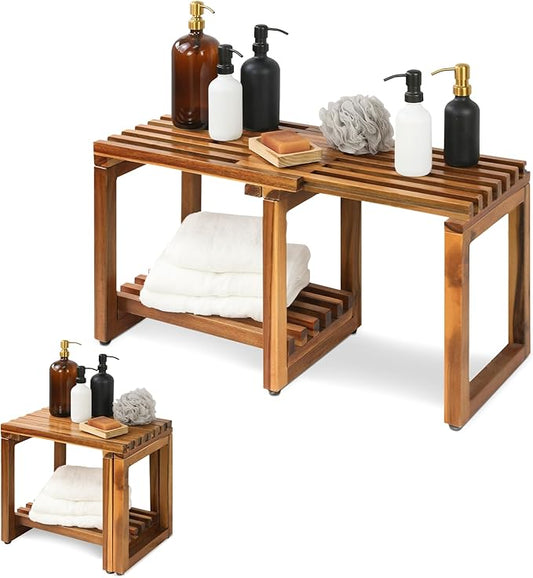 Adjustable Length 29 Inches Shower Stool Bench Chair Waterproof with Storage Shelf for Shaving Legs, Spa, Bath Seat in Bathroom, Inside Shower for Adults Seniors Elderly (Small 29 in)