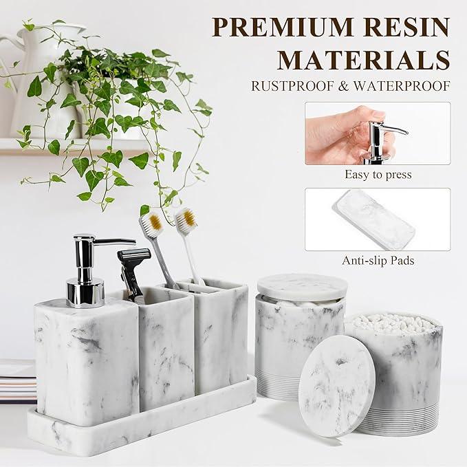 YMXYJM Bathroom Accessories Set, 6 Piece Bathroom Set with Toothbrush Holders, Soap Dispenser, Vanity Tray, Tumbler, Cotton Swab Jars, Bathroom Organizer，Bathroom Sink Sets, Artificial Marble White - ModernBath