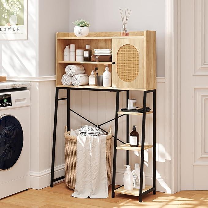 Giantex Over The Toilet Storage Cabinet with Rattan Door, Freestanding Space Saver Rack Above Toilet with Metal Stand, Adjustable Shelf, Over Toilet Bathroom Organizer for Restroom, Laundry - ModernBath
