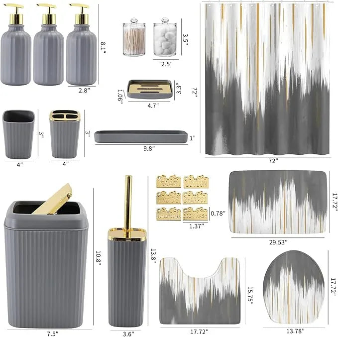 WSBArt 32PCS Bathroom Sets with Shower Curtain and Rugs-Grey Bathroom Accessories,Non Slip Bathroom Rugs Set with Toilet Lid Cover, Waterproof Shower Curtain, 3PC Soap Dispenser with Trash Can - ModernBath