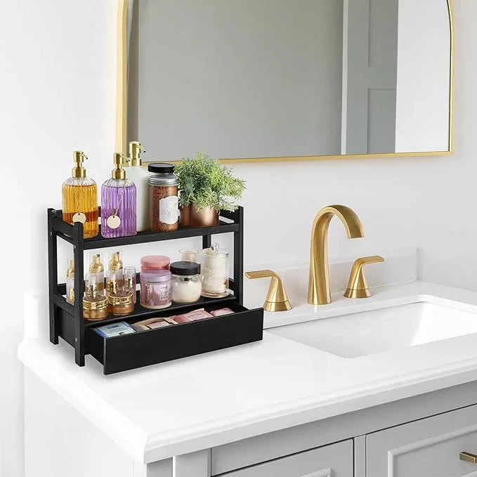 Sorbus Bamboo Bathroom Counter Organizer – 2-Tier Shelf with Hidden Drawer for Vanity, Matcha Station, Bathroom Sink Organizer Countertop, Kitchen & Office Storage (17″ L x 6.5″ W x 12.6″ H) (Black) - ModernBath