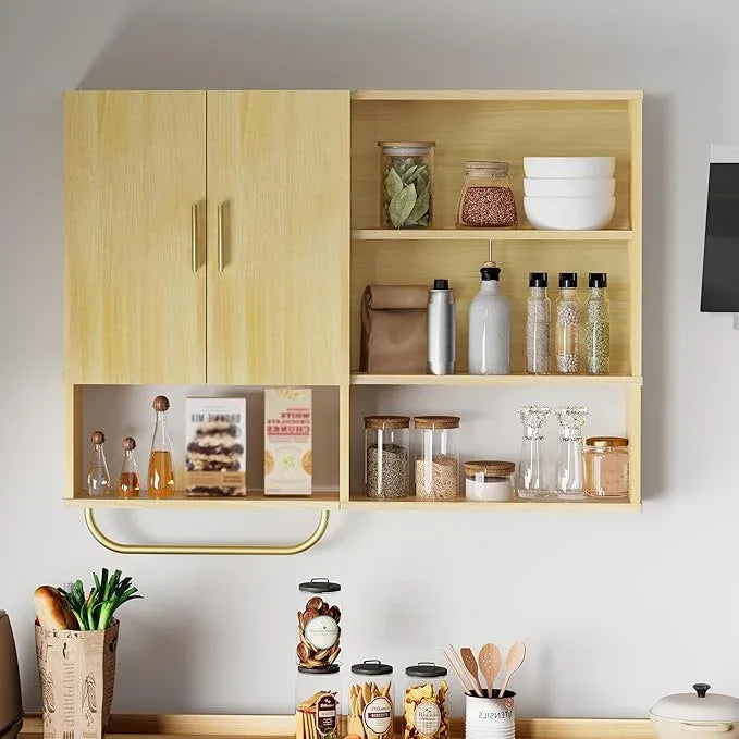 Bathroom Wall Cabinet Wood Large Wall Mounted Medicine Cabinet with 2 Doors and 4 Open Shelves Over Toilet Storage Cabinet Organizer with Towel Bar,Wood - ModernBath