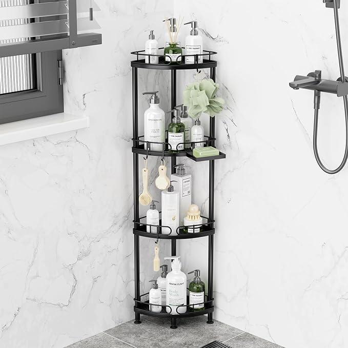 SWTYMIKI Corner Shower Caddy Standing - 4 Tier Stainless Steel Shower Organizer Stand with 4 Hooks & Soap Holder, Rustproof Metal Standing Tall Floor Shower Shelf and Bathroom Organizer, Black - ModernBath