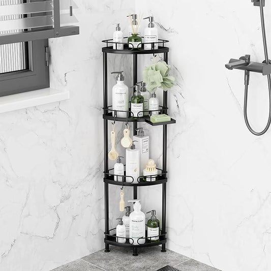 SWTYMIKI Corner Shower Caddy Standing - 4 Tier Stainless Steel Shower Organizer Stand with 4 Hooks & Soap Holder, Rustproof Metal Standing Tall Floor Shower Shelf and Bathroom Organizer, Black - ModernBath