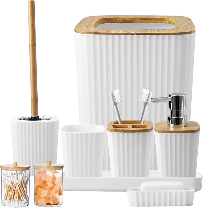 XLHOMO Bathroom Accessory Set, 9-Piece White Bathroom Set with Trash Can, Tray, Soap Dispenser, Toothbrush Holder, Toothbrush Cup, Soap Dish, Toilet Brush and Q-tip Holders for Bathroom/Housewarming - ModernBath