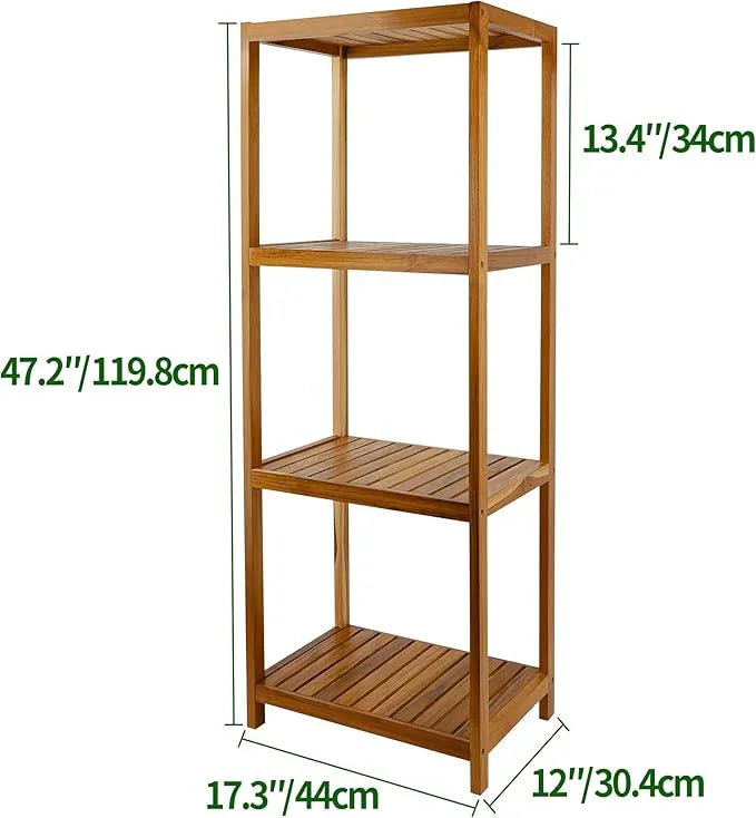 VaeFae Teak Bathroom Shelf, 4-Tier Storage Shelf, Wooden Stand Shelf Organizer for Bathroom, Kitchen, Living Room, Laundry, Garage - ModernBath