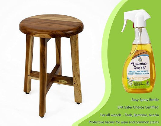 EcoDecors Shoji 12 Inch Round Waterproof Teak Wood Shower Bench Stool Seat Chair for Inside Shower Provides Safety, Storage, and Organization for Accessories and Loveable 24 oz Spray Bottle Teak Oil - ModernBath