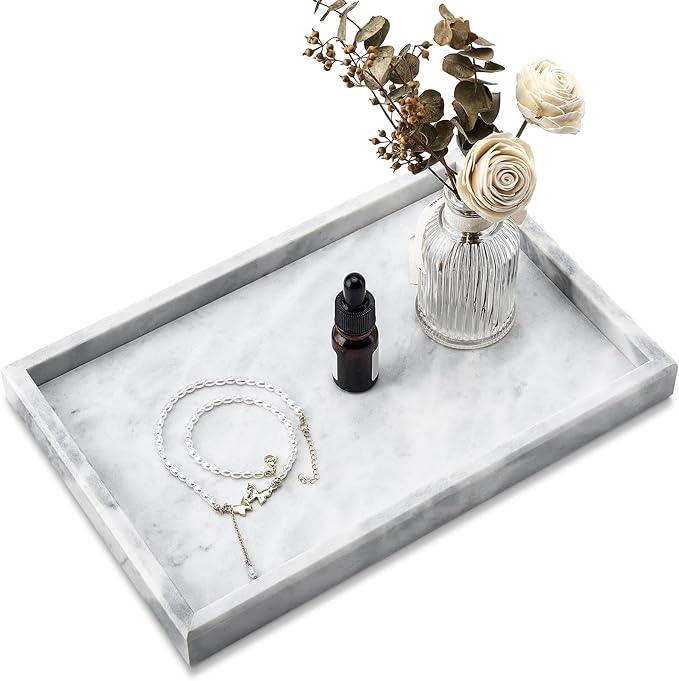 Zilukar Real Natural Marble Tray for Bathroom, Vanity, Kitchen and Desktop, Rectangle Genuine Marble Stone Tray for Jewelry, Cosmetics, Candles, Lotion, Perfume and Home Decor - ModernBath
