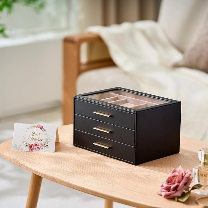 pickpiff Jewelry Box Organizer Case for Women: 3-Layer Jewelry Storage Case with Glass Window, Black Leather with Blush Velvet, Holder for Ring Necklace Bracelet Brooch Watch, Great Gift for Her - ModernBath
