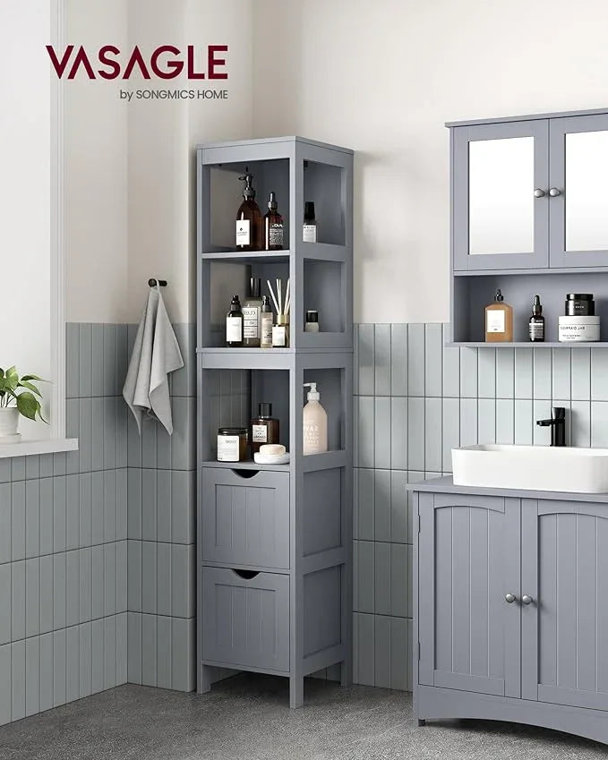 VASAGLE Storage Cabinet, Storage Organizer Rack Stand for Bathroom, Living Room, Bedroom, Multifunctional Corner Unit, 2 Drawers, 55.7 Inches in Height, Dove Gray UBBC066G02 - ModernBath