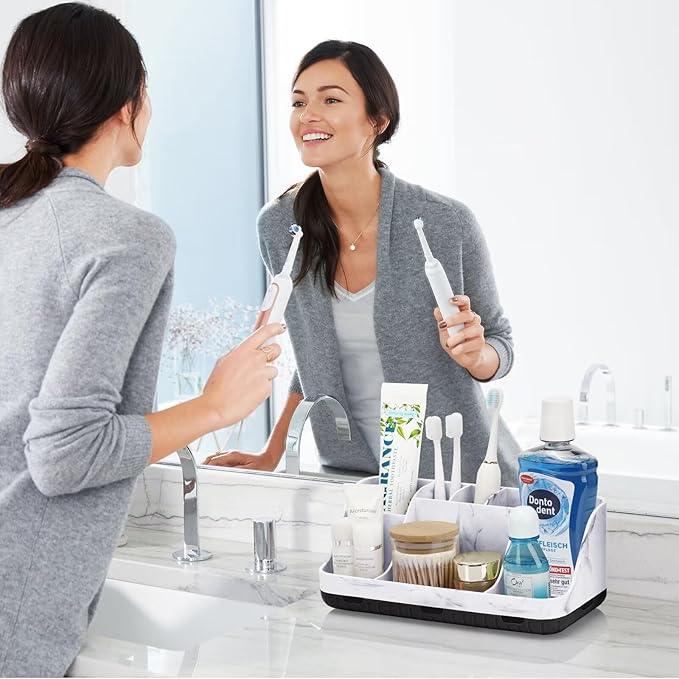 GFWARE Marble Bathroom Countertop Organizer - Detachable 7 Slots Kids Electric Toothbrush and Toothpaste Holde Drainage for Bathroom Accessories Organization Counter Vanity Storage, Black - ModernBath