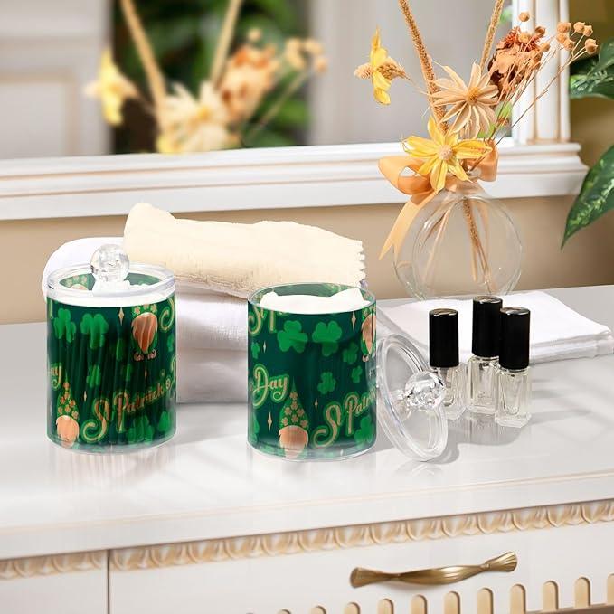 Qtip Holder Bathroom Set Q tip Cotton Ball Swab Pad Dispenser Container Organizer Plastic Jars with Lids Storage 2Pack Green St Patrick's Day Gnome - ModernBath