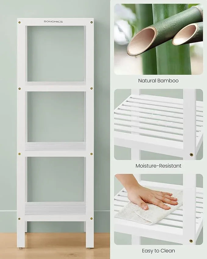 SONGMICS Bamboo Storage Shelf, 4-Tier Shelving Unit, Multifunctional, in The Entryway, Bathroom, Living Room, Balcony, Kitchen, 13 x 13 x 38.6 Inches, Cloud White UBCB054W01 - ModernBath