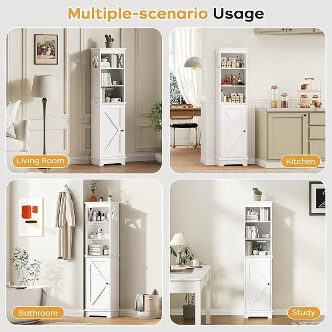Narrow Bathroom Storage Cabinet with Door and Open Adjustable Shelves, 60.9" H Wooden Tall Tower Corner Farmhouse Cabinet, Freestanding Organizer for Kitchen, Entryway White - ModernBath