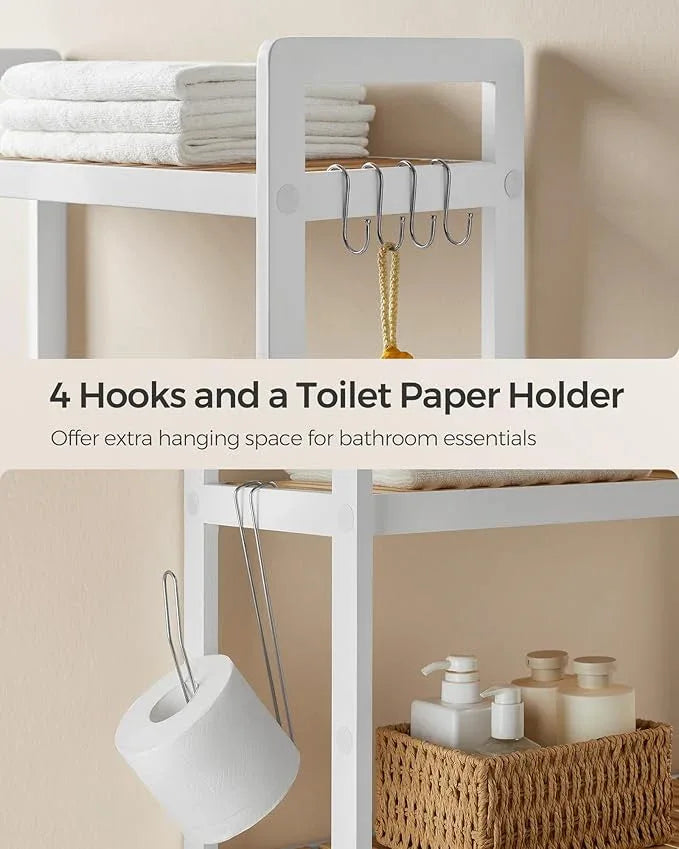SONGMICS Over The Toilet Storage, 3-Tier Over Toilet Bathroom Organizer with Adjustable Shelf, 10.2 x 24.8 x 66.9 Inches, Space-Saving, Cloud White and Natural Beige UBTS001W02 - ModernBath