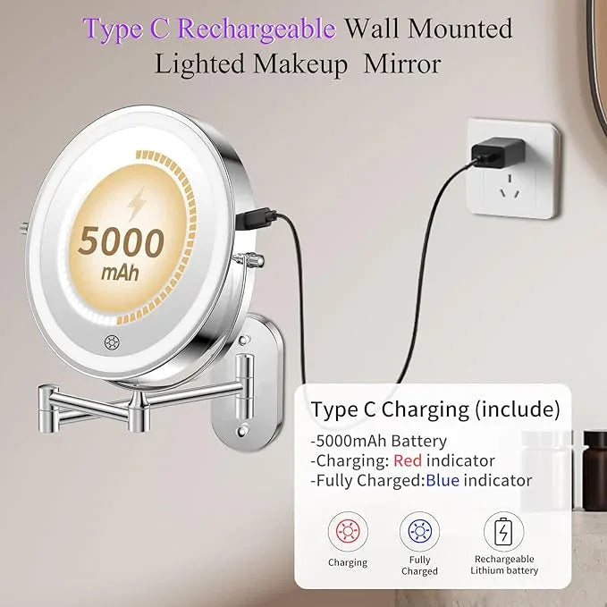 FUNTOUCH Rechargeable Wall Mounted Makeup Mirror with Lights,5000mAh Double Sided 3X/20X Magnifying,3 Color Lights,Touch Dimmable, Extended Arm 360 Rotation Lighted Bathroom Mirror with Magnification - ModernBath