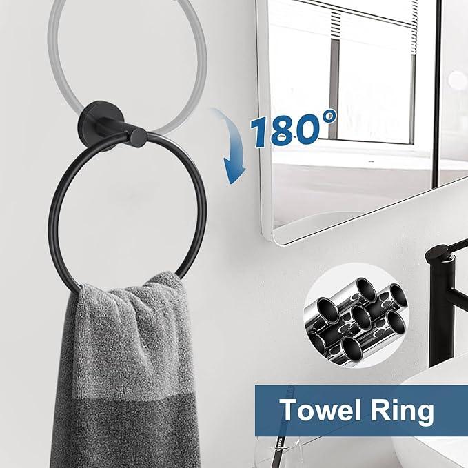 5 Pieces Matte Black Round Towel Bar Set Bathroom Hardware Accessories Set Upgraded Toilet Paper Holder Towel Racks Set for Bathroom Stainless Steel Wall Mounted 23.6 in - ModernBath