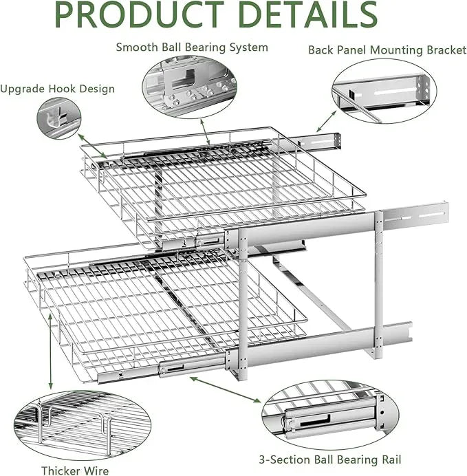 2 Tier Individual Pull Out Cabinet Organizer 25½" W x 21½" D, Heavy Duty Cabinet Pull Out Shelves, Slide Out Drawers Organization for Kitchen Cabinets Bathroom - ModernBath