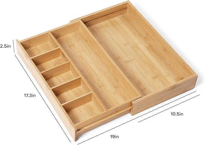 KitchenEdge Adjustable Kitchen Drawer Organizer for Utensils and Junk, Food-Safe Contract Grade with 100% Sustainable Wood, Expandable from 10.5 to 19 Inches Wide - Natural Bamboo - ModernBath