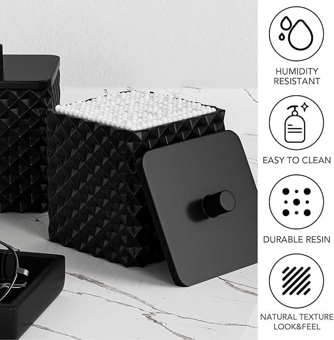Bathroom Accessories Set Resin 6PCS, Square Toothbrush Holders Set Complete with Soap Dispenser, Vanity Tray, Tumbler, Cups and Cotton Swab Jars (Black Diamond, Resin Bath 6 PCS) - ModernBath
