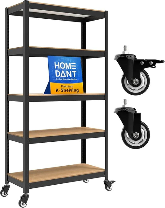 HOMEDANT House 36.2" 5-Tier Metal Rolling Cart Shelf Rack Casters Heavy Duty Laminated Wheel Shelving Unit Adjustable Utility Storage Shelves Shelf Kitchen Garage Black 1Pack - ModernBath