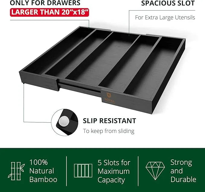 ROYAL CRAFT WOOD Luxury Bamboo Kitchen Drawer Organizer - Silverware Organizer - Utensil Holder and Cutlery Tray with Grooved Drawer Dividers for Flatware and Kitchen Utensils (5 Slot, Black) - ModernBath