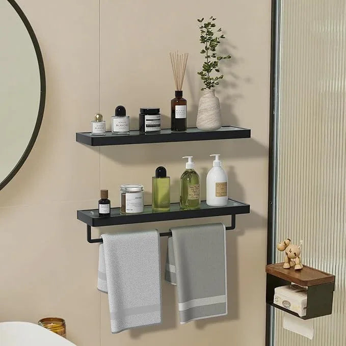 Floating Glass Shelves for Bathroom 20-in with Towel Bar/Tempered Glass Rectangular 1 Tier Organizer Shelf (Matte Black, 20'') - ModernBath