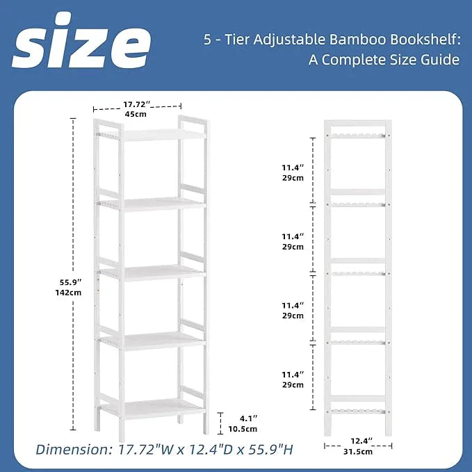 HITNET 5 Tier Bamboo Shelf, Tall Narrow Bookcase, Freestanding Bathroom Storage Unit with Adjustable Shelves, Modern Display Standing Bookshelf for Living Room, Bedroom, Home Office, White - ModernBath