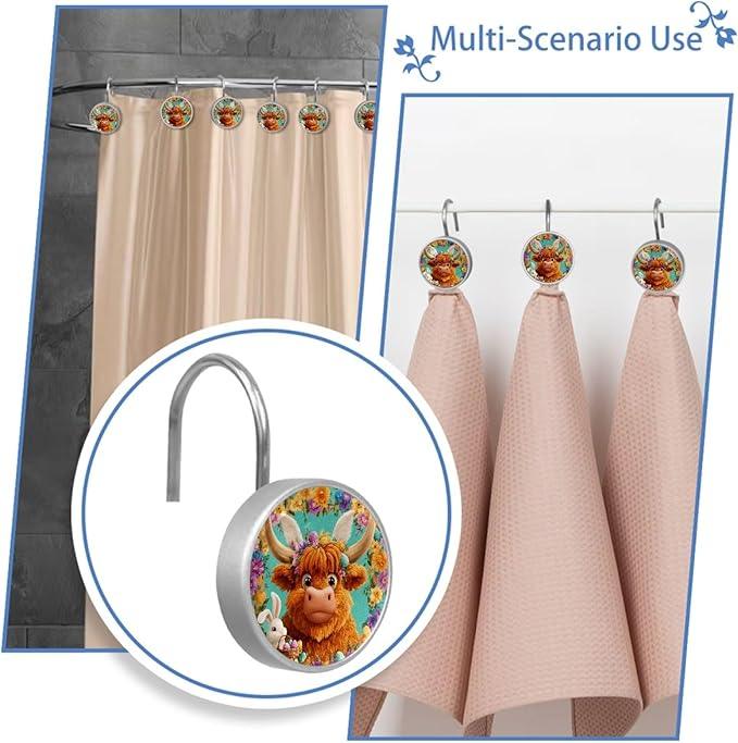 Easter Highland Cows and Flowers Shower Curtain Hooks Rings, Stainless Steel Rust Proof Shower Curtain Hooks, Decorative Shower Hooks for Bathroom Shower Rods Curtains, Set of 12 - ModernBath