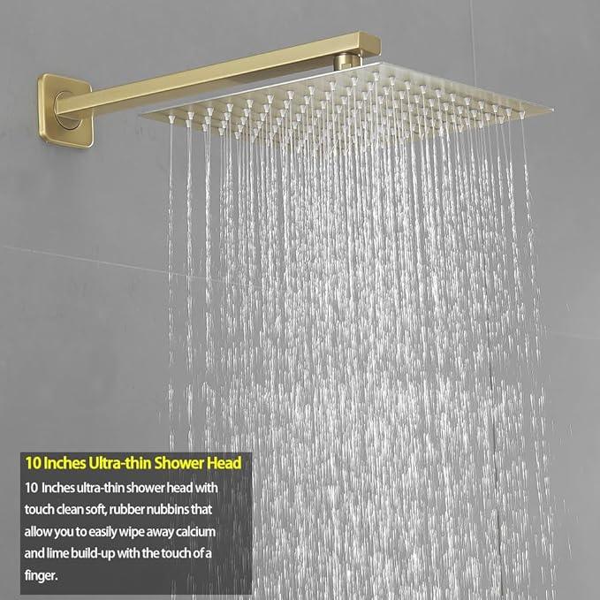 Heable Brushed Gold Shower System 10 Inches Bathroom Luxury Rain Shower Head with Handheld Combo Set Wall Mounted High Pressure Rainfall Shower Head System Shower Faucet with Valve and Trim Kit - ModernBath