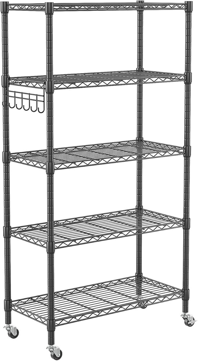 Homdox 5 Tier Metal Storage Shelves with Wheels, Heavy Duty Wire Shelving Unit, Adjustable Storage Racks with Side Hooks for Bathroom Kitchen Garage Pantry Organization, Black - ModernBath