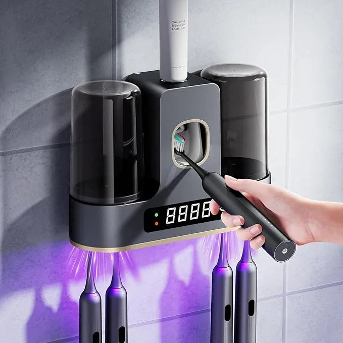 Toothbrush Holders for Bathrooms with Air-Drying, Toothbrush Sanitizer Holder with Smart Countdown LED Screen, 2 Cups Electric Toothbrush Holders Wall Mounted with Toothpaste Dispenser - ModernBath
